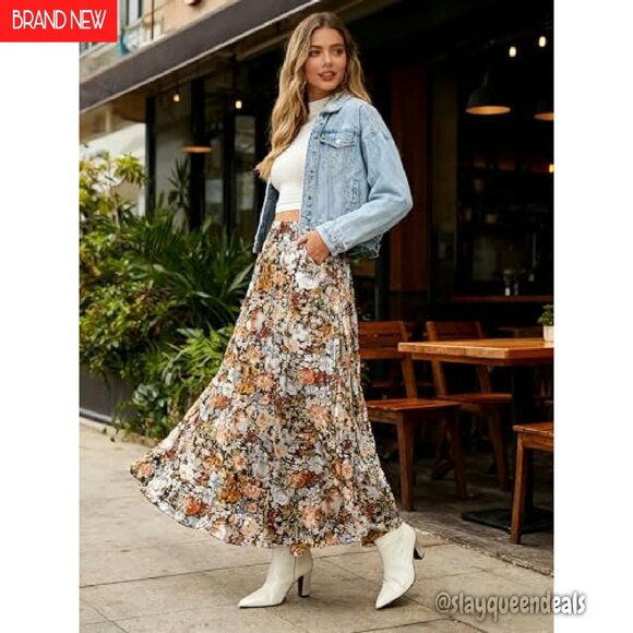 High Waisted Maxi Skirt with Pockets A-Line Pleated Long Skirt - Picture 4 of 8